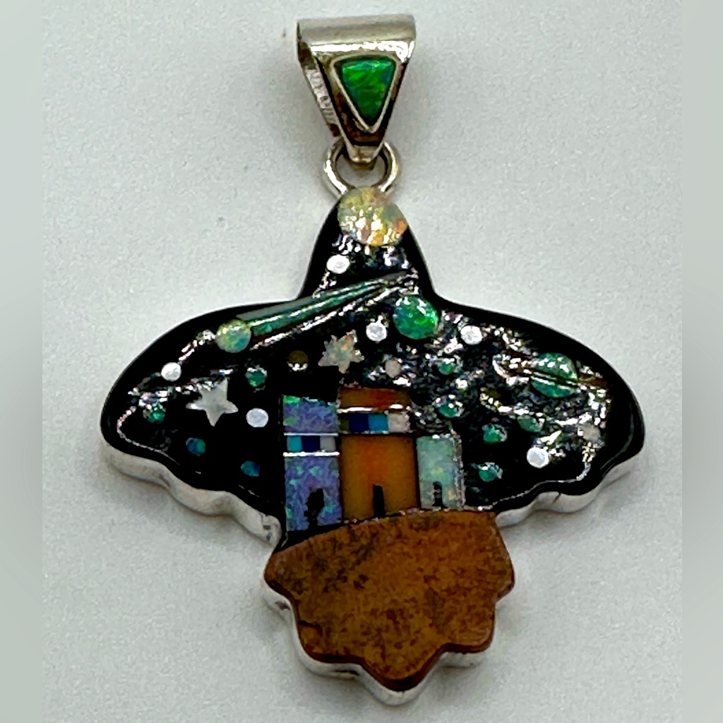 Galaxy Inlay Handmade Bird Shaped Pendant Moons Stars  Houses